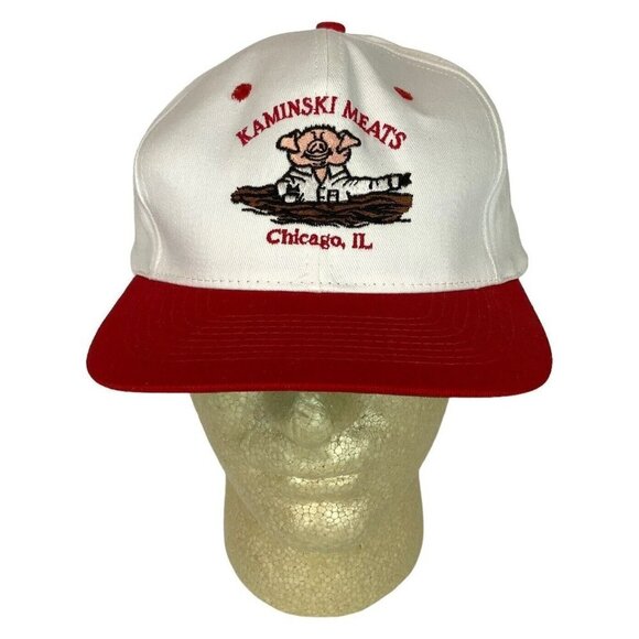 Kaminski Meats Chicago IL Embroidered Hat Cap Pig White Red Snapback KC Caps - Picture 1 of 8